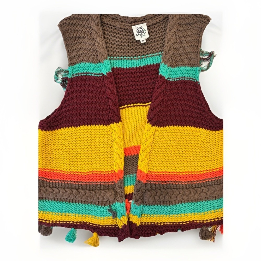 Ivy Jane SZ M Cotton Western Boho MultiColor Fringe Crop Open Sweater Vest‎ - Picture 7 of 10